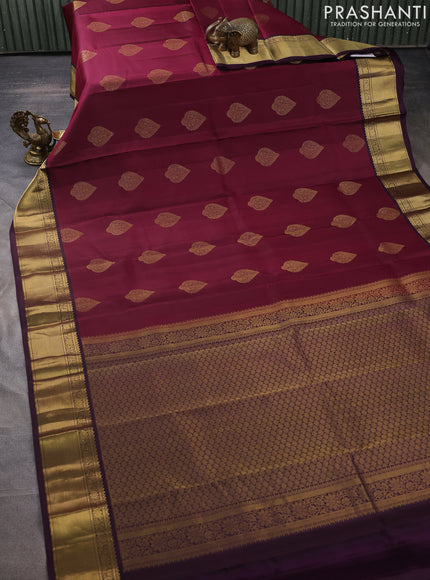 Pure kanchipuram silk saree dark magenta pink and wine shade with zari woven buttas and zari woven border