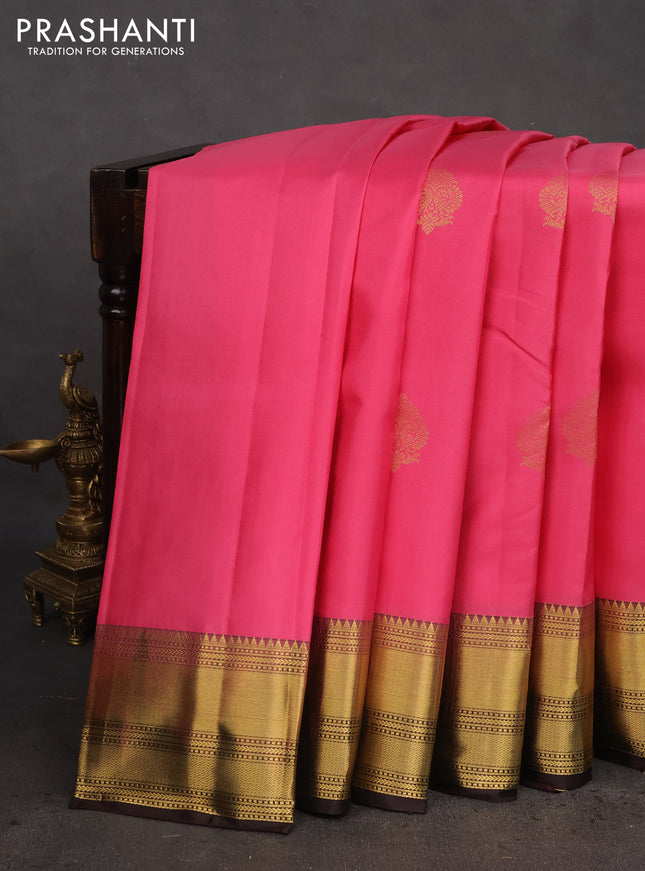 Pure kanchipuram silk saree pink and coffee brown with zari woven buttas and zari woven border
