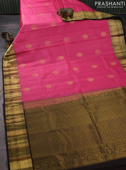 Pure kanchipuram silk saree pink and coffee brown with zari woven buttas and zari woven border