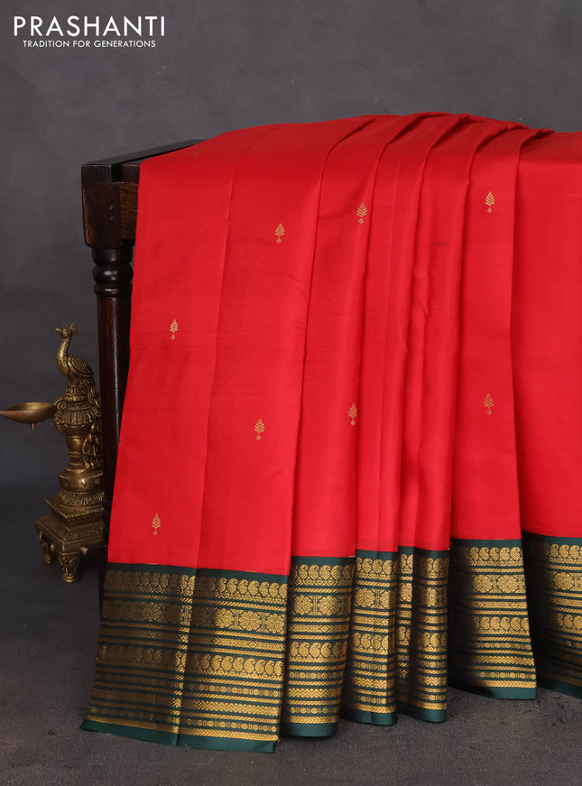 Pure kanchipuram silk saree red and green with zari woven buttas and zari woven korvai border