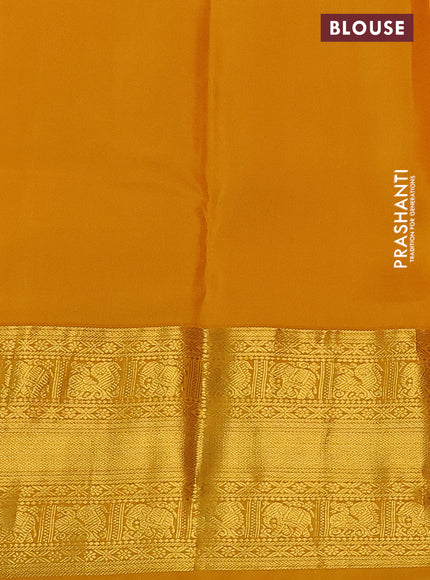 Pure kanchipuram silk saree pink and mustard yellow with allover zari weaves and zari woven korvai border