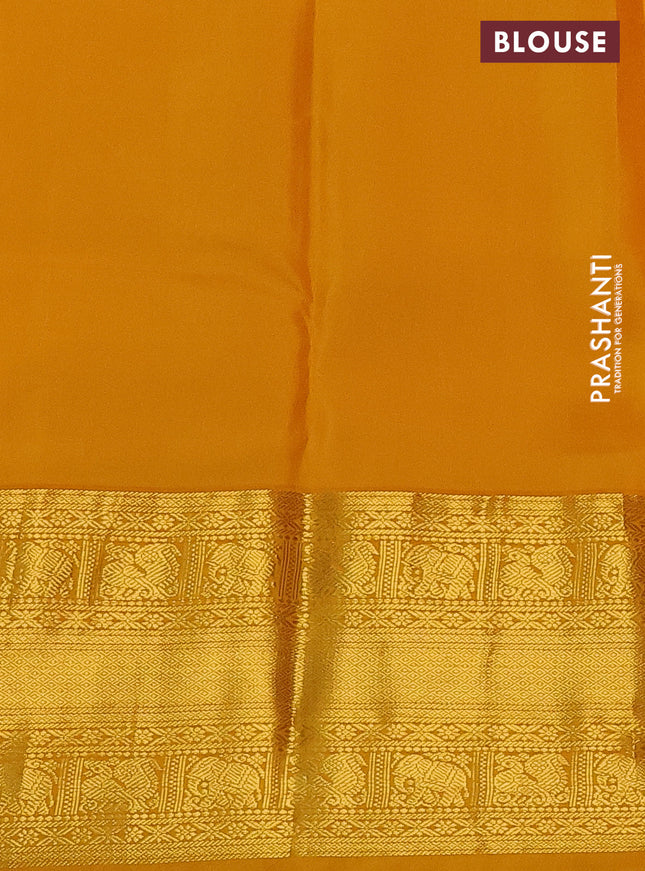 Pure kanchipuram silk saree pink and mustard yellow with allover zari weaves and zari woven korvai border