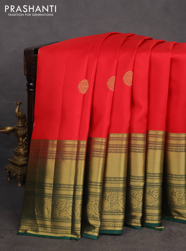 Pure kanchipuram silk saree red and green with zari woven buttas and long zari woven border