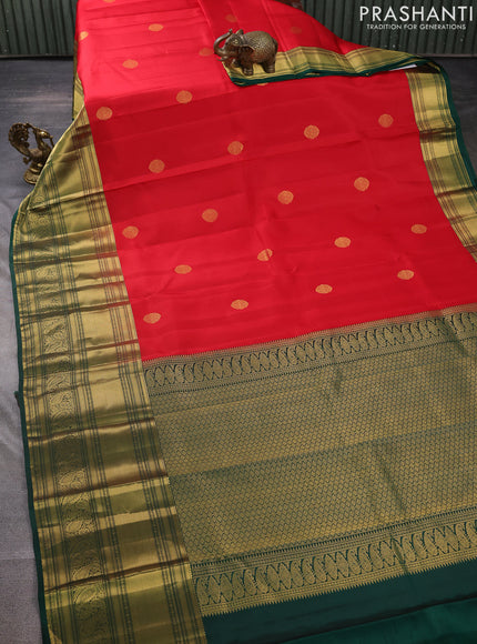 Pure kanchipuram silk saree red and green with zari woven buttas and long zari woven border