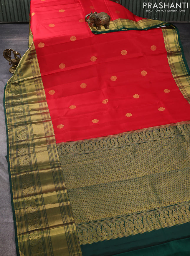 Pure kanchipuram silk saree red and green with zari woven buttas and long zari woven border