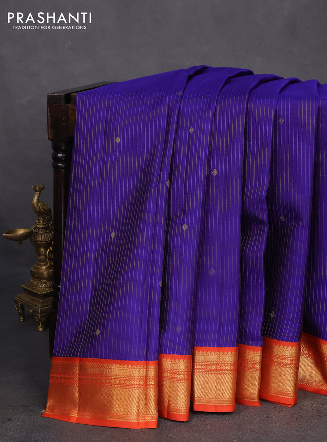 Pure kanchipuram silk saree blue and orange with allover zari weaves and zari woven korvai border
