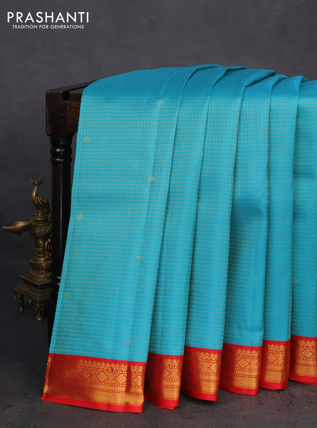 Pure kanchipuram silk saree teal blue and red with allover zari checks & buttas and zari woven korvai border
