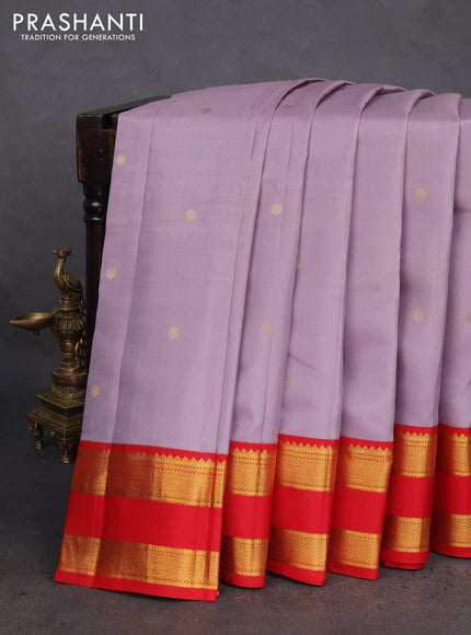 Pure kanchipuram silk saree lavender and red with zari woven buttas and rettapet zari woven korvai border