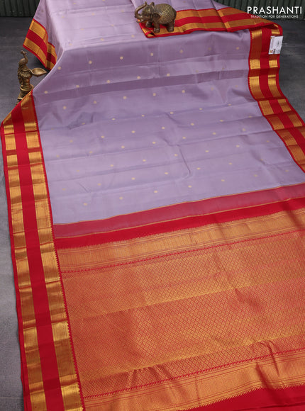 Pure kanchipuram silk saree lavender and red with zari woven buttas and rettapet zari woven korvai border