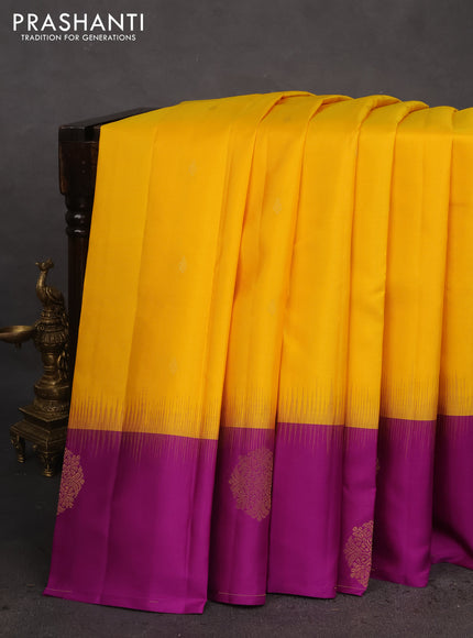 Pure kanchipuram silk saree yellow and deep purple with zari woven buttas and zari woven butta border