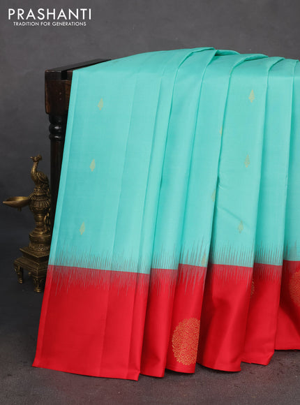 Pure kanchipuram silk saree teal shade and red with zari woven buttas and zari woven butta border