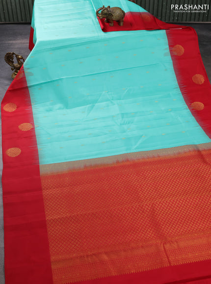 Pure kanchipuram silk saree teal shade and red with zari woven buttas and zari woven butta border