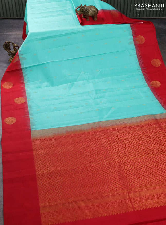 Pure kanchipuram silk saree teal shade and red with zari woven buttas and zari woven butta border
