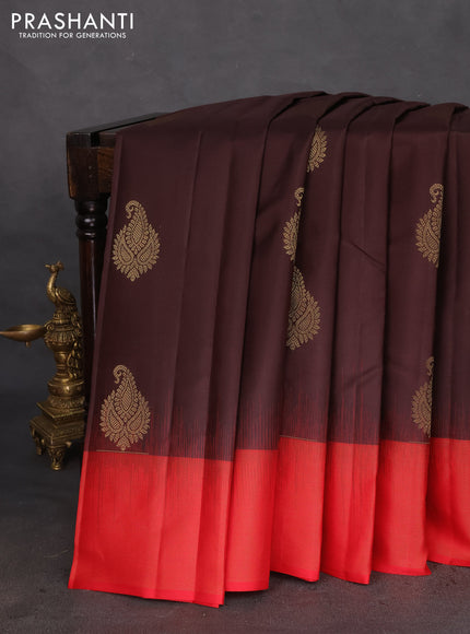 Pure kanchipuram silk saree brown and red with zari woven buttas and zari woven simple border