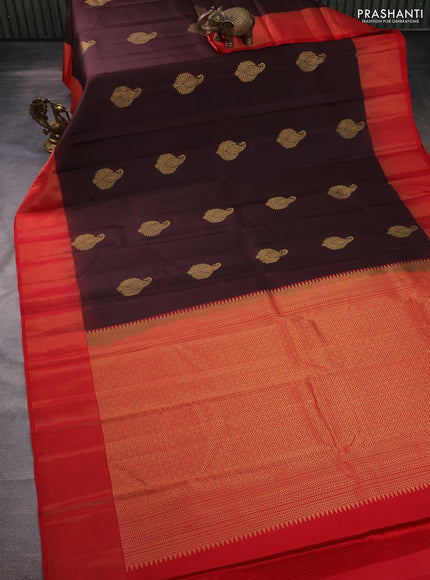 Pure kanchipuram silk saree brown and red with zari woven buttas and zari woven simple border