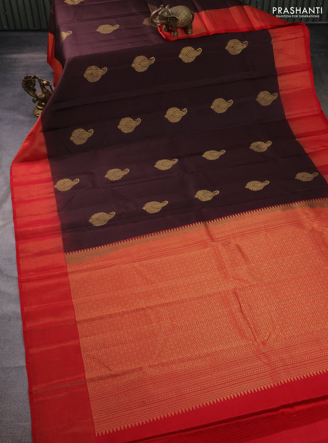 Pure kanchipuram silk saree brown and red with zari woven buttas and zari woven simple border