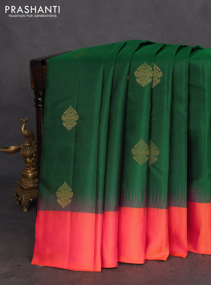 Pure kanchipuram silk saree green and dual shade of pinkish orange with zari woven buttas and zari woven simple border