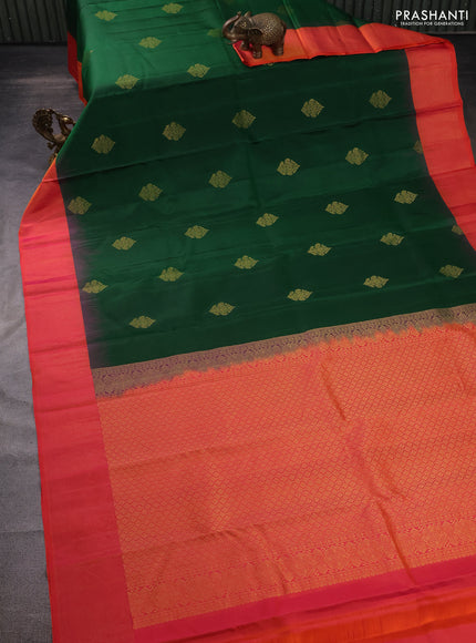 Pure kanchipuram silk saree green and dual shade of pinkish orange with zari woven buttas and zari woven simple border