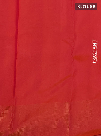 Pure kanchipuram silk saree green and dual shade of pinkish orange with zari woven buttas and zari woven simple border