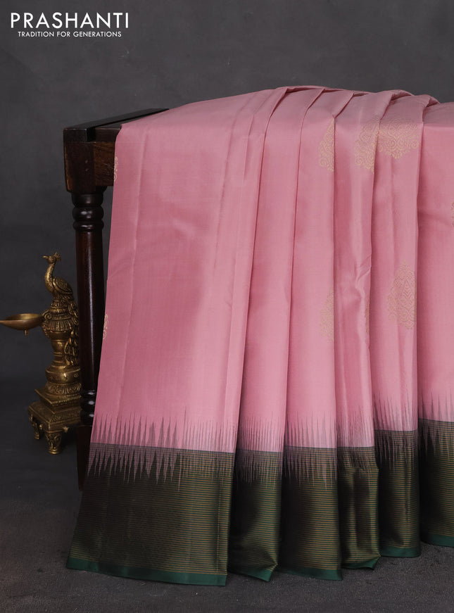 Pure kanchipuram silk saree pastel pink and bottle green with zari woven buttas and zari woven simple border