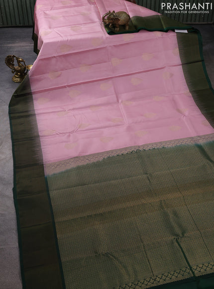 Pure kanchipuram silk saree pastel pink and bottle green with zari woven buttas and zari woven simple border