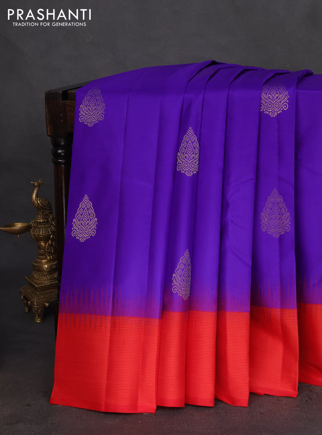 Pure kanchipuram silk saree royal blue and red with zari woven buttas and zari woven simple border