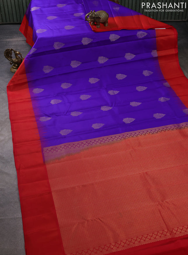 Pure kanchipuram silk saree royal blue and red with zari woven buttas and zari woven simple border