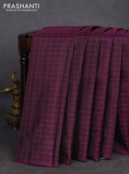 Pure kanchipuram silk saree deep purple and teal blue with allover zari checked pattern in borderless style