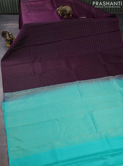 Pure kanchipuram silk saree deep purple and teal blue with allover zari checked pattern in borderless style