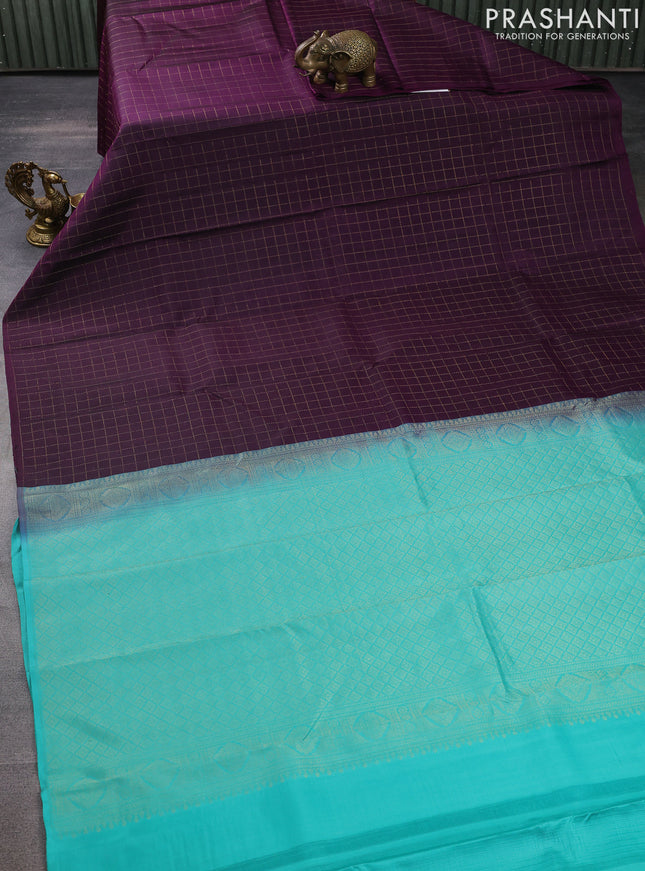 Pure kanchipuram silk saree deep purple and teal blue with allover zari checked pattern in borderless style