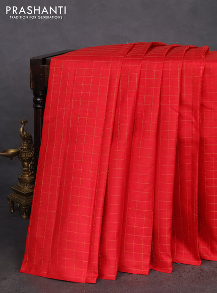 Pure kanchipuram silk saree red and teal blue with allover zari checked pattern in borderless style