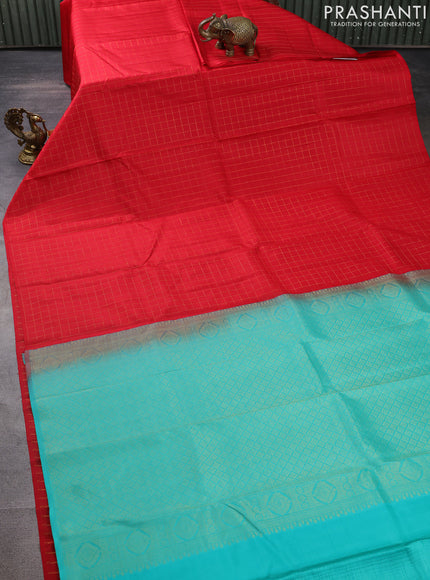 Pure kanchipuram silk saree red and teal blue with allover zari checked pattern in borderless style