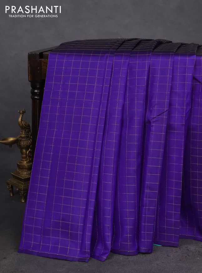 Pure kanchipuram silk saree blue and teal blue with allover zari checked pattern in borderless style