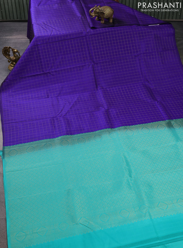 Pure kanchipuram silk saree blue and teal blue with allover zari checked pattern in borderless style