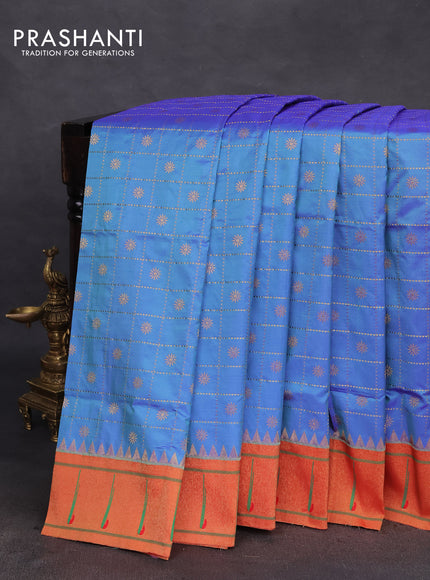 Pure paithani silk saree dual shade of blue and red with allover zari checks & buttas and zari woven muniya butta border