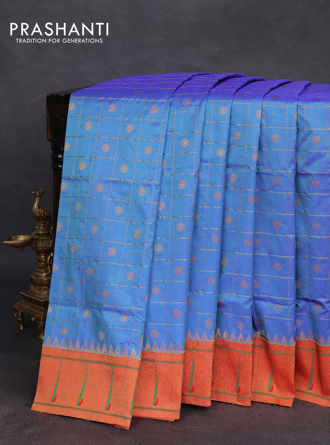 Pure paithani silk saree dual shade of blue and red with allover zari checks & buttas and zari woven muniya butta border