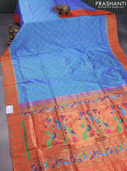 Pure paithani silk saree dual shade of blue and red with allover zari checks & buttas and zari woven muniya butta border