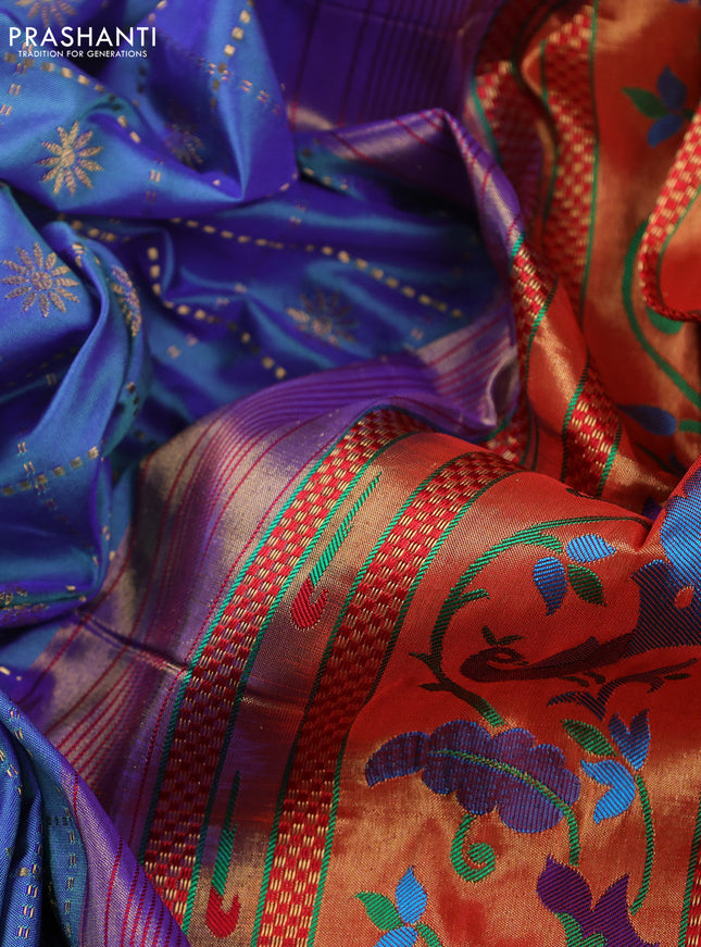 Pure paithani silk saree dual shade of blue and red with allover zari checks & buttas and zari woven muniya butta border