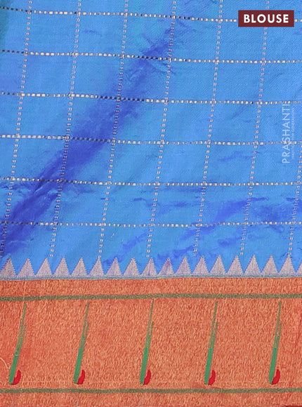 Pure paithani silk saree dual shade of blue and red with allover zari checks & buttas and zari woven muniya butta border