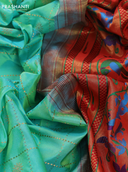 Pure paithani silk saree dual shade of teal blue and red with allover zari checks & buttas and zari woven muniya butta border