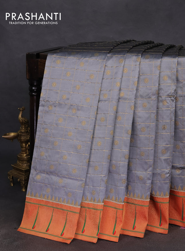 Pure paithani silk saree grey and red with allover zari checks & buttas and zari woven muniya butta border