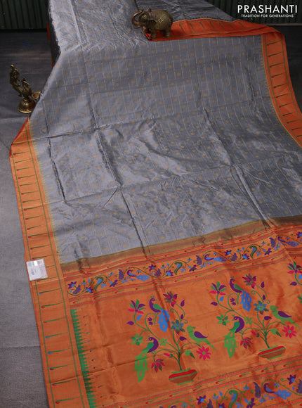 Pure paithani silk saree grey and red with allover zari checks & buttas and zari woven muniya butta border