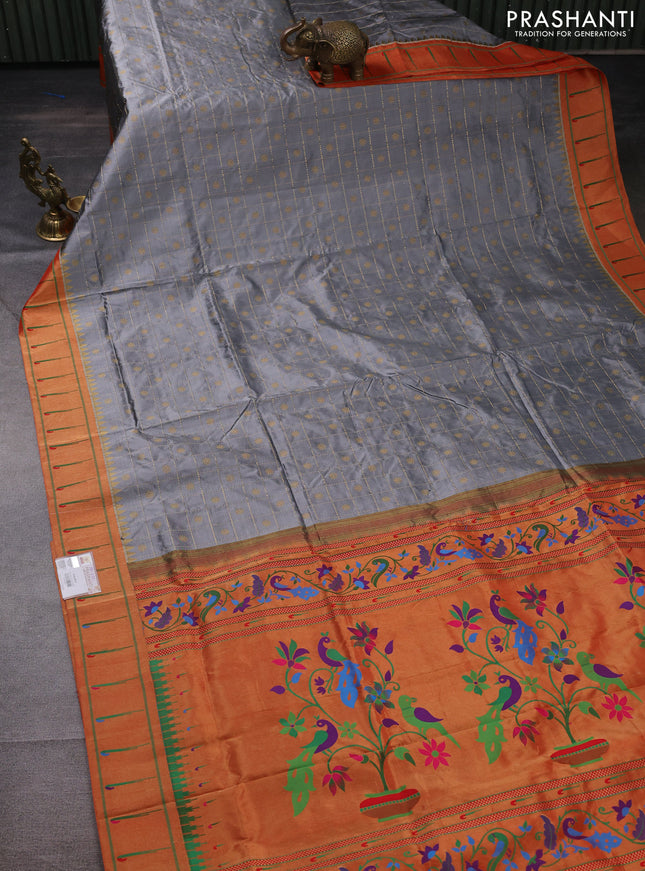 Pure paithani silk saree grey and red with allover zari checks & buttas and zari woven muniya butta border