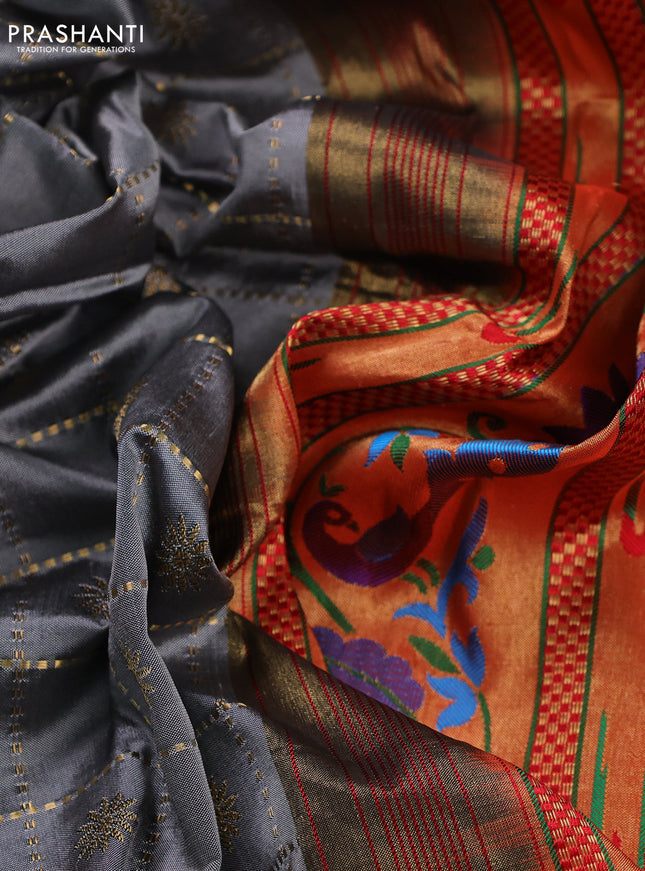 Pure paithani silk saree grey and red with allover zari checks & buttas and zari woven muniya butta border