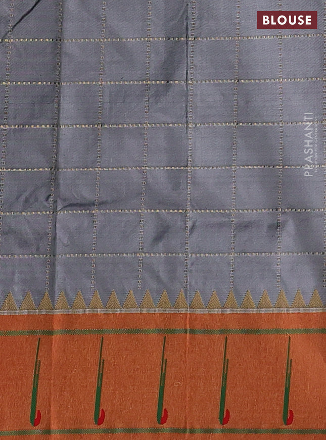 Pure paithani silk saree grey and red with allover zari checks & buttas and zari woven muniya butta border