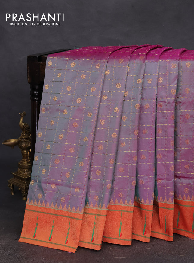 Pure paithani silk saree dual shade of greenish purple and red with allover zari checks & buttas and zari woven muniya butta border