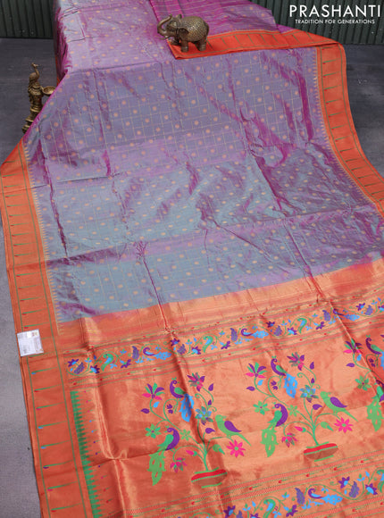 Pure paithani silk saree dual shade of greenish purple and red with allover zari checks & buttas and zari woven muniya butta border