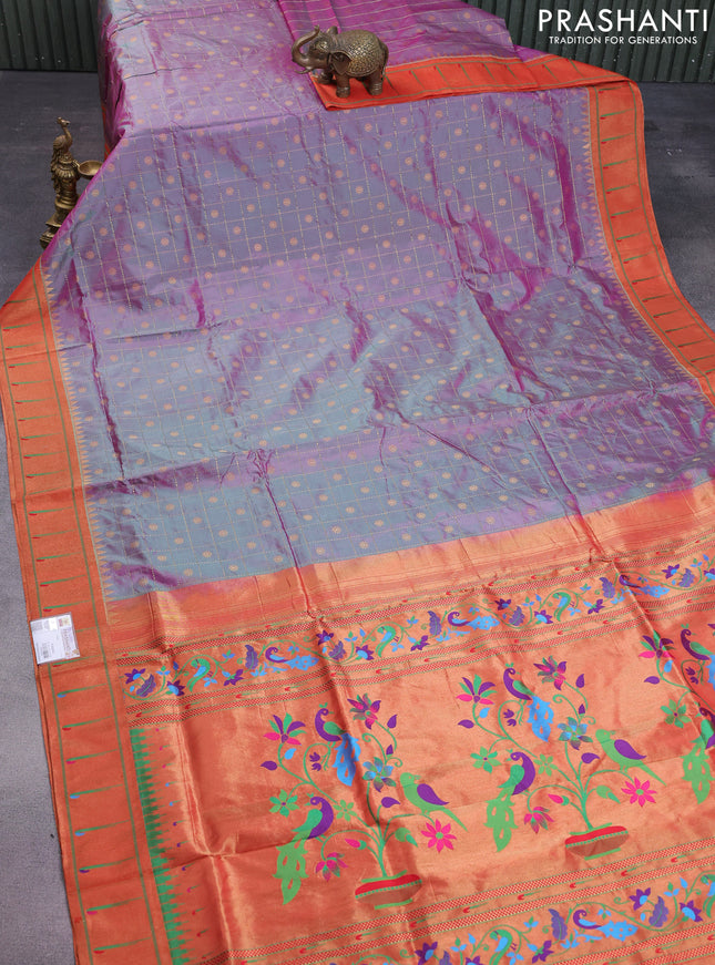Pure paithani silk saree dual shade of greenish purple and red with allover zari checks & buttas and zari woven muniya butta border