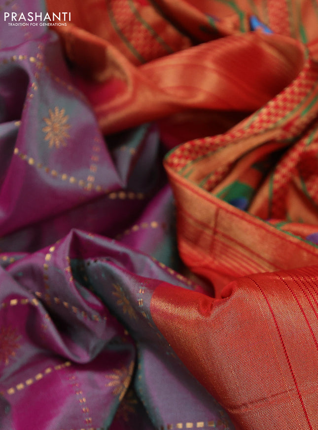 Pure paithani silk saree dual shade of greenish purple and red with allover zari checks & buttas and zari woven muniya butta border