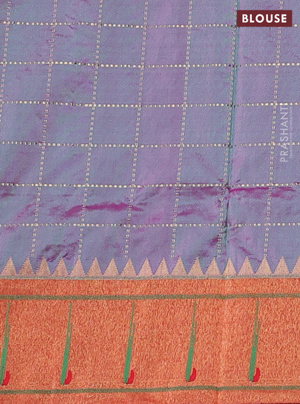 Pure paithani silk saree dual shade of greenish purple and red with allover zari checks & buttas and zari woven muniya butta border